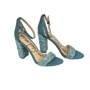 Sam Edelman Blue Braided Leather Raffia Block Heel Sandals 8.5